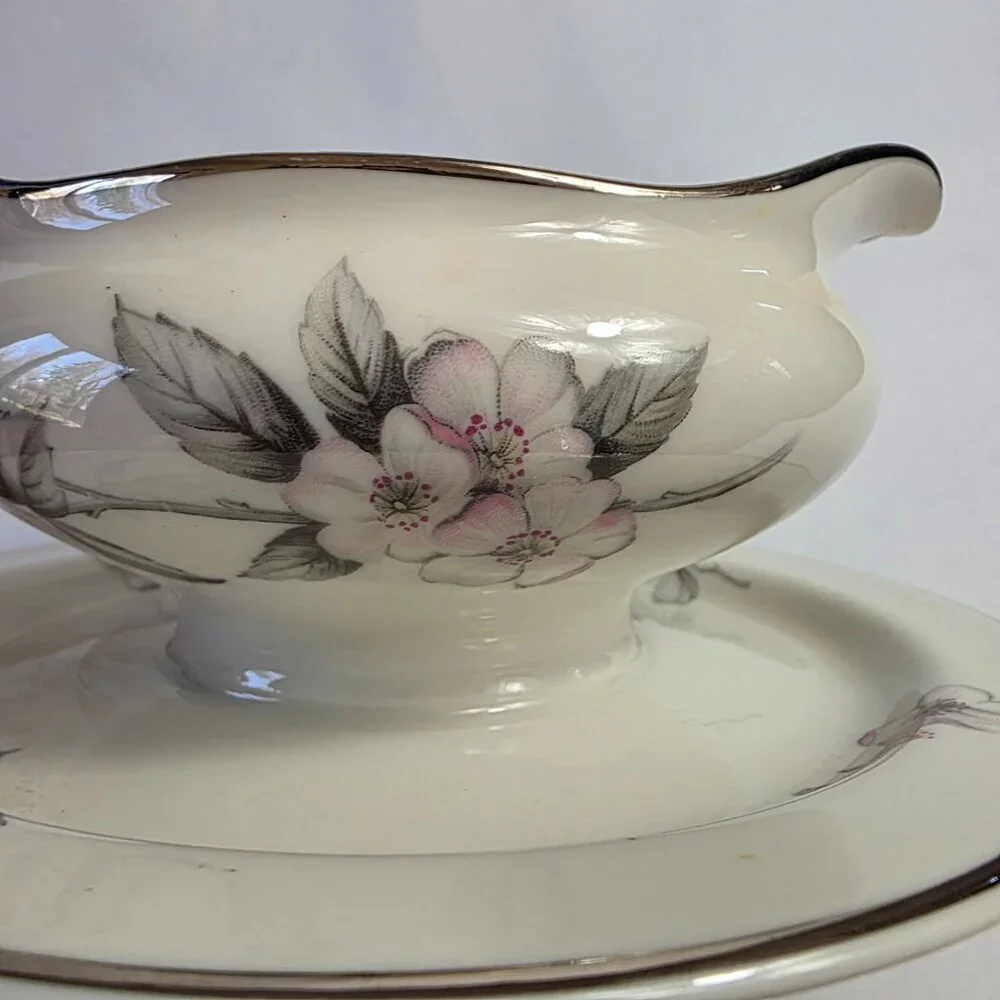 Manor House Spring Glory Gravy Boat & Underplate Pink & White Floral Gray Leaves